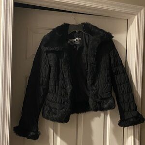 Sugarfly Black Quilted Heavy Cropped Jacket with Faux Fur